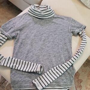 We The Free Gray and White Striped Turtleneck Top